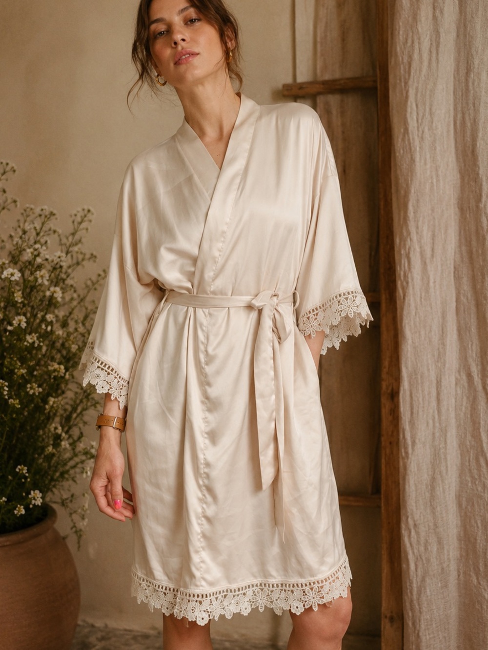 AW. Bridal Cream Lace Pocket Tie Waist Robe House Coat Cardigan Size XL